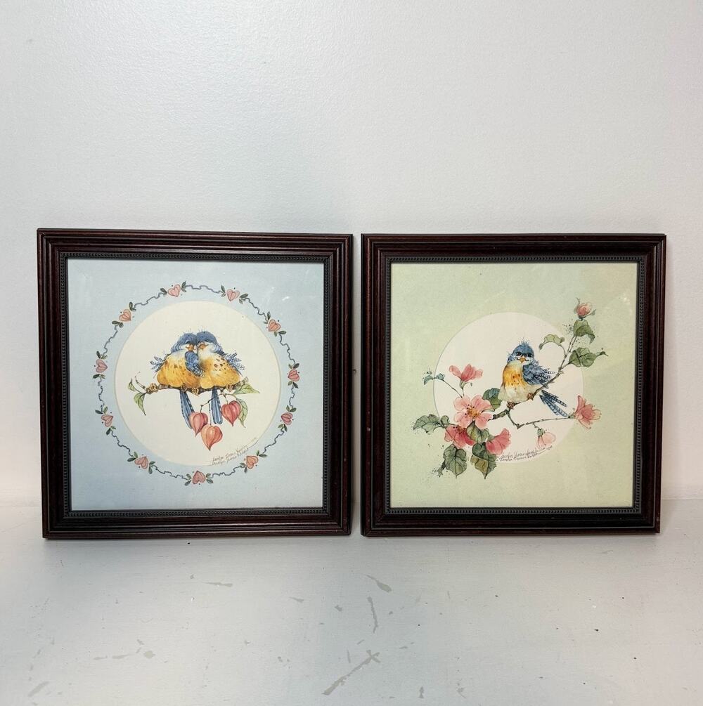 Carolyn Shores Wright Art Set of 2 Blue Birds Warbler Pink Flower Signed Framed